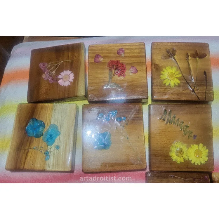 Fresh flowers on teak wood block